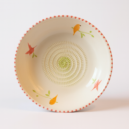 Plato rallador de cerámica pintado a mano - Pájaros
