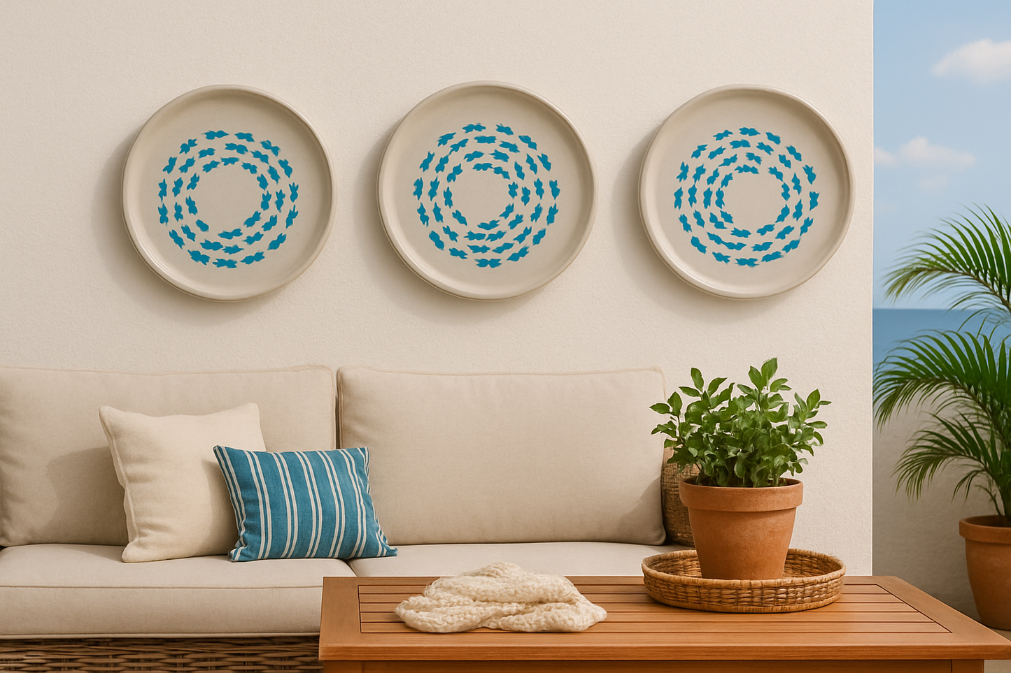 Plato de cerámica hecho y pintado a mano – diseño de peces azules
