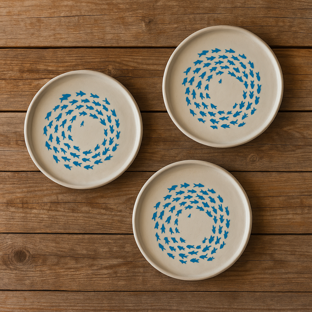 Plato de cerámica hecho y pintado a mano – diseño de peces azules
